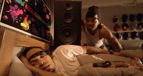 Method Man with a big speaker trying to wake Redman in movie How High